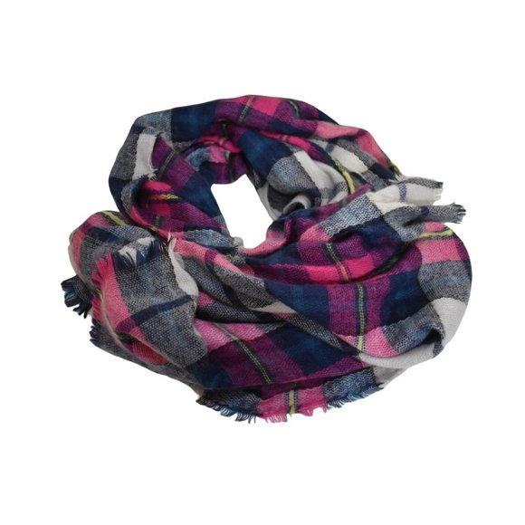 Women's Giant Over-Sized Pink Blue Plaid Blanket Scarf Shawl One Size - Picture 1 of 4